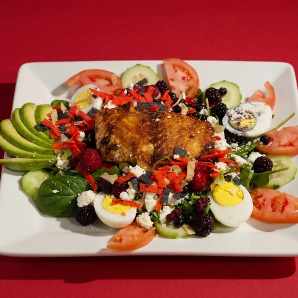 Grilled salmon salad with avocado, tomatoes, cucumbers, hard-boiled eggs, berries, and tortilla strips.