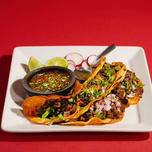 Three birria tacos with cilantro, onions, lime, radishes, and a side of consommé on a white plate.