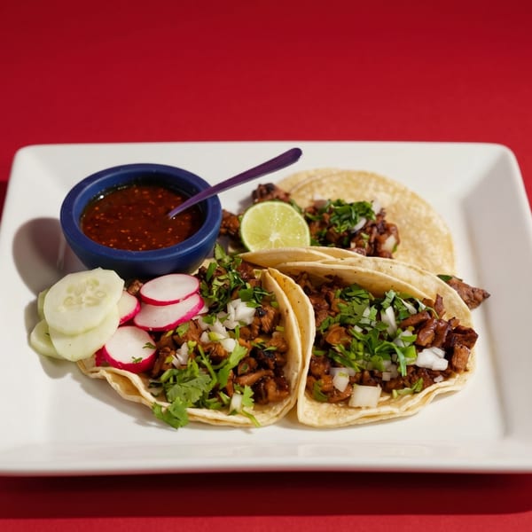 Three street tacos with meat, cilantro, and onions, served with salsa, lime, cucumbers, and radishes.