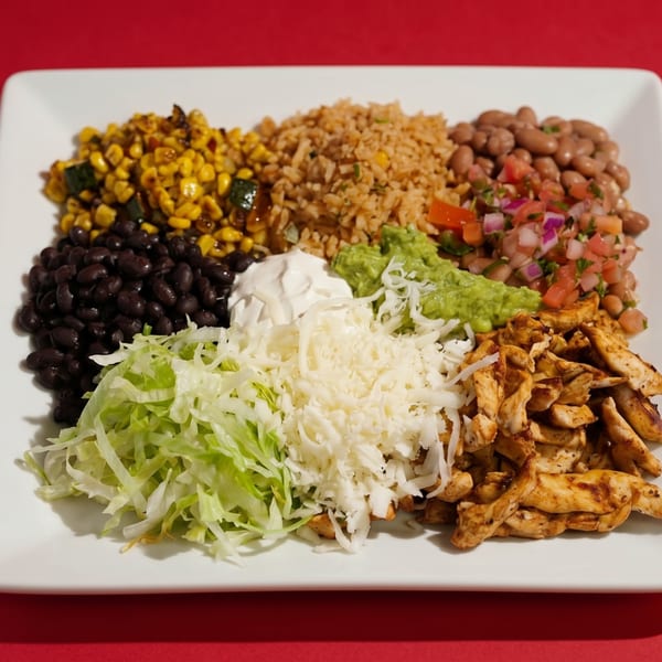 A colorful plate of Mexican food with chicken, rice, beans, corn, guacamole, sour cream, and shredded cheese.