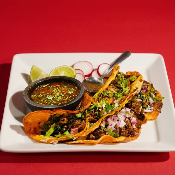 Three birria tacos with cilantro, onions, lime, radishes, and a side of consommé on a white plate.